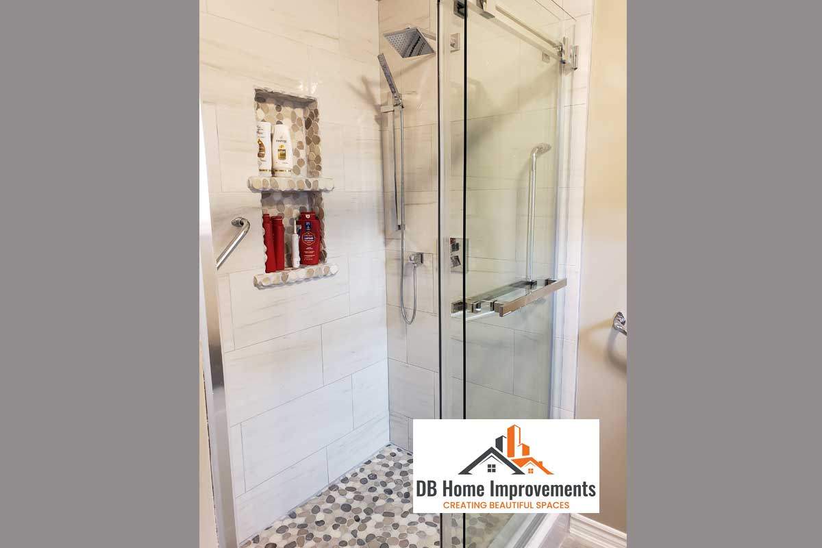 Shower with river rock floor
